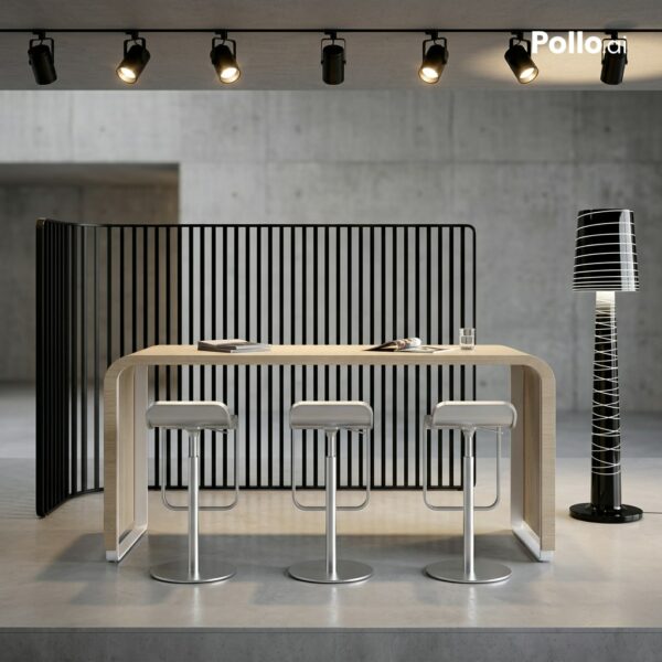 table haute desk brunch - lapalma -tabouret Lem- cloison screen- lampadaire Lady jane- serralunga- location mobilier évenementiel