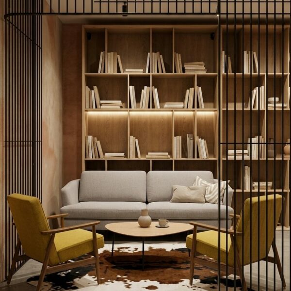 canapé Elton- sits - fauteuil Fox jaune - 366 concept - table basse eclipse- stua - tapis vache- location mobilier événementiel -