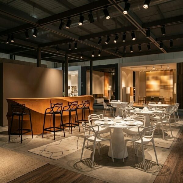 comptoir baraonda rouille - myyour - tabouret chaise master - kartell - table Ikon ronde - pedrali - location mobilier événementiel