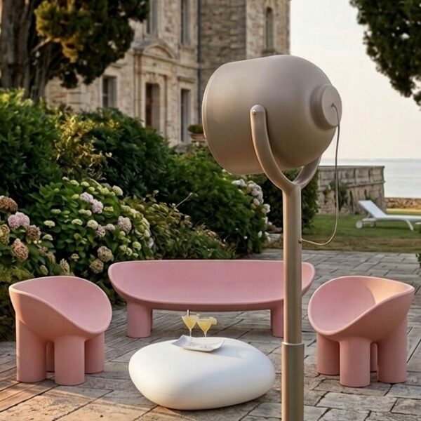 canapé et fauteuil Roly Poly rose - table basse chubby - slide - lampadaire hollywood - myyour - loation mobilier événementiel