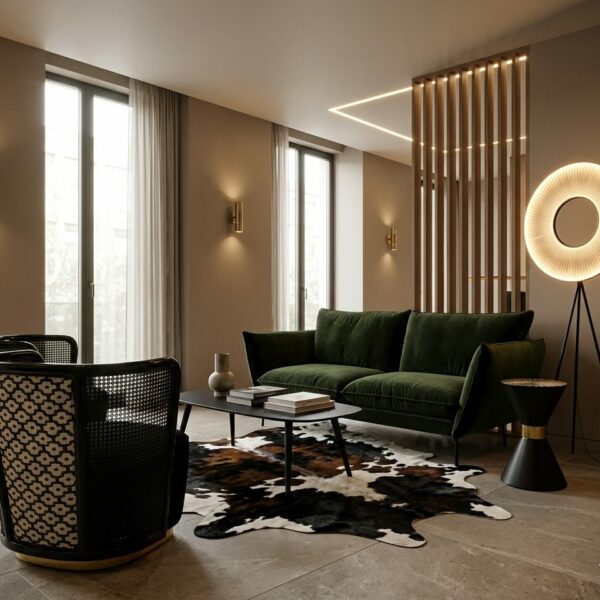 canapé Hugo - lampe iris - Sits- dix heure dix - table basse solapa - tapis vache-