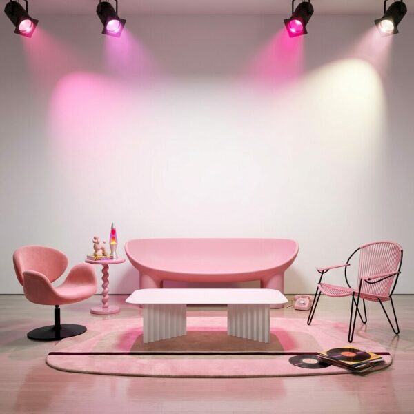 roly poly - boqa- little tulip - artifort- RS - table basse plec- tapis oona - location mobilier rose énementiel